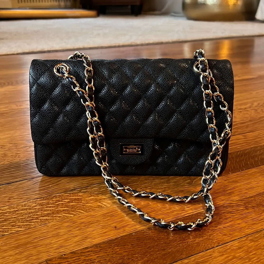 Black Pebbled Leather Quilted Convertible Crossbody w/ Gold Hardware
